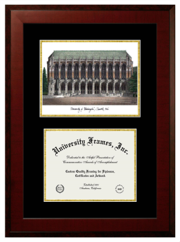 University of Washington Double Opening with Campus Image (Unimprinted Mat) Frame in Honors Mahogany with Black & Gold Mats for DOCUMENT: 8 1/2"H X 11"W  
