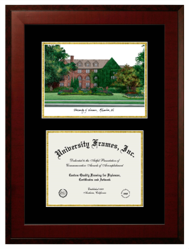 University of Wisconsin - Milwaukee Double Opening with Campus Image (Unimprinted Mat) Frame in Honors Mahogany with Black & Gold Mats for DOCUMENT: 8 1/2"H X 11"W  