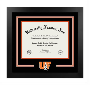 University of Findlay Logo Mat Frame in Manhattan Black with Black & Orange Mats for document: 8 1/2"h x 11"w  