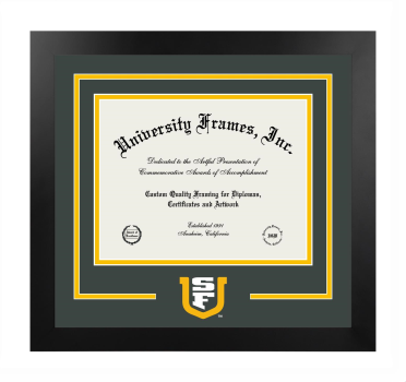 University of San Francisco Logo Mat Frame in Manhattan Black with Forest Green & Amber Mats for DOCUMENT: 8 1/2"H X 11"W  