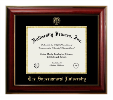 The Supernatural University Diploma Frame in Classic Mahogany with Gold Trim with Black & Gold Mats for document: 8 1/2"h x 11"w  