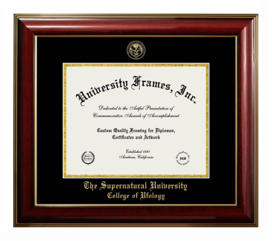 The Supernatural University College of Ufology Diploma Frame in Classic Mahogany with Gold Trim with Black & Gold Mats for document: 8 1/2"h x 11"w  