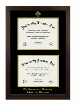 The Supernatural University College of the Paranormal Double Degree (Stacked) Frame in Manhattan Espresso with Black & Gold Mats for document: 8 1/2"h x 11"w  , document: 8 1/2"h x 11"w  