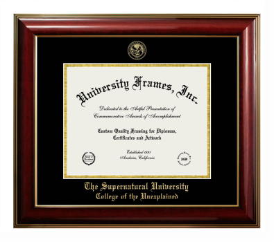 The Supernatural University College of the Unexplained Diploma Frame in Classic Mahogany with Gold Trim with Black & Gold Mats for DOCUMENT: 8 1/2"H X 11"W  