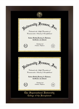 The Supernatural University College of the Unexplained Double Degree (Stacked) Frame in Manhattan Espresso with Black & Gold Mats for document: 8 1/2"h x 11"w  , document: 8 1/2"h x 11"w  