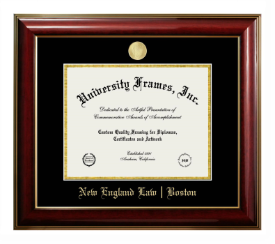 New England Law Boston Diploma Frame in Classic Mahogany with Gold Trim with Black & Gold Mats for document: 8 1/2"h x 11"w  