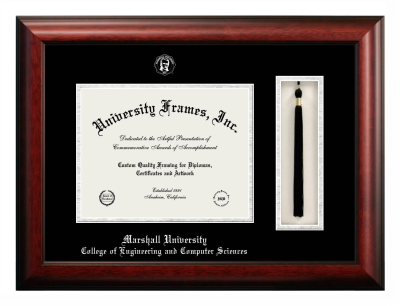 Marshall University College of Engineering and Computer Sciences Diploma with Tassel Box Frame in Satin Mahogany with Black & Silver Mats for document: 8 1/2"h x 11"w  