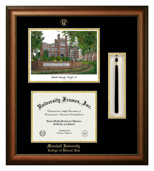 Marshall University College of Liberal Arts Double Opening with Campus Image & Tassel Box (Stacked) Frame in Satin Walnut with Black & Gold Mats for document: 8 1/2"h x 11"w  