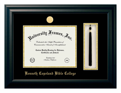 Kenneth Copeland Bible College Diploma with Tassel Box Frame in Satin Black with Black & Gold Mats for DOCUMENT: 8 1/2"H X 11"W  