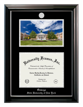 State University of New York Oswego Double Opening with Campus Image (Stacked) Frame in Classic Ebony with Silver Trim with Black & Silver Mats for document: 8 1/2"h x 11"w  