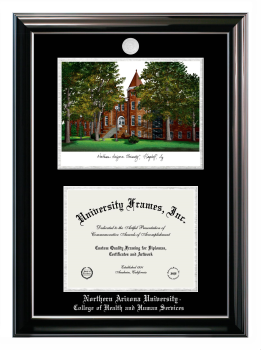 Northern Arizona University College of Health and Human Services Double Opening with Campus Image (Stacked) Frame in Classic Ebony with Silver Trim with Black & Silver Mats for DOCUMENT: 8 1/2"H X 11"W  