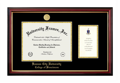Kansas City University College of Biosciences Diploma with Announcement Frame in Petite Mahogany with Gold Trim with Black & Gold Mats for document: 8 1/2"h x 11"w  , diploma: 7"h x 4"w  