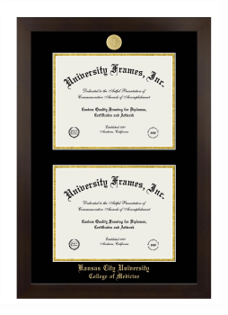 Kansas City University College of Medicine Double Degree (Stacked) Frame in Manhattan Espresso with Black & Gold Mats for document: 8 1/2"h x 11"w  , document: 8 1/2"h x 11"w  