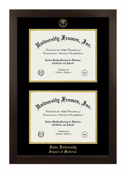 Saba University School of Medicine Double Degree (Stacked) Frame in Manhattan Espresso with Black & Gold Mats for document: 8 1/2"h x 11"w  , document: 8 1/2"h x 11"w  