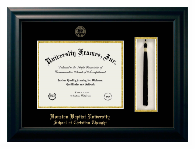 Houston Baptist University School of Christian Thought Diploma with Tassel Box Frame in Satin Black with Black & Gold Mats for document: 8 1/2"h x 11"w  