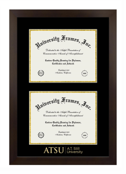 A.T. Still University Double Degree (Stacked) Frame in Manhattan Espresso with Black & Gold Mats for DOCUMENT: 8 1/2"H X 11"W  , DOCUMENT: 8 1/2"H X 11"W  