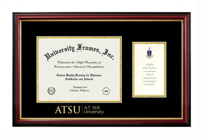 A.T. Still University Diploma with Announcement Frame in Petite Mahogany with Gold Trim with Black & Gold Mats for DOCUMENT: 8 1/2"H X 11"W  ,  7"H X 4"W  