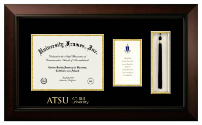 A.T. Still University Diploma with Announcement & Tassel Box Frame in Legacy Black Cherry with Black & Gold Mats for DOCUMENT: 8 1/2"H X 11"W  ,  7"H X 4"W  