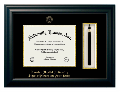Houston Baptist University School of Nursing and Allied Health Diploma with Tassel Box Frame in Satin Black with Black & Gold Mats for DOCUMENT: 8 1/2"H X 11"W  
