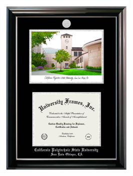 California Polytechnic State University - San Luis Obispo Double Opening with Campus Image (Stacked) Frame in Classic Ebony with Silver Trim with Black & Silver Mats for DOCUMENT: 8 1/2"H X 11"W  