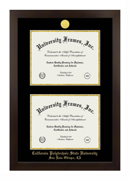 California Polytechnic State University - San Luis Obispo Double Degree (Stacked) Frame in Manhattan Espresso with Black & Gold Mats for document: 8 1/2"h x 11"w  , document: 8 1/2"h x 11"w  