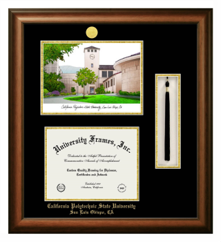 California Polytechnic State University - San Luis Obispo Double Opening with Campus Image & Tassel Box (Stacked) Frame in Satin Walnut with Black & Gold Mats for DOCUMENT: 8 1/2"H X 11"W  