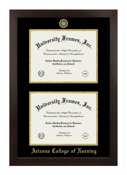Arizona College of Nursing Double Degree (Stacked) Frame in Manhattan Espresso with Black & Gold Mats for DOCUMENT: 8 1/2"H X 11"W  , DOCUMENT: 8 1/2"H X 11"W  