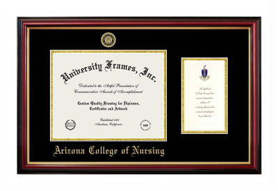 Arizona College of Nursing Diploma with Announcement Frame in Petite Mahogany with Gold Trim with Black & Gold Mats for DOCUMENT: 8 1/2"H X 11"W  ,  7"H X 4"W  