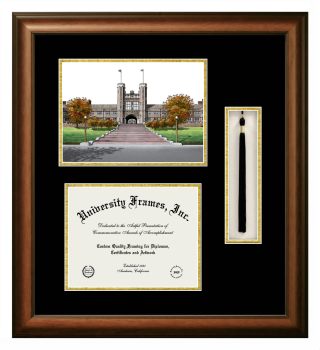 Double Opening with Campus Image & Tassel Box (Stacked) Frame in Satin Walnut with Black & Gold Mats for DOCUMENT: 8 1/2"H X 11"W  