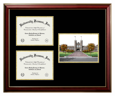Washington University in St. Louis School of Medicine Triple Opening with Campus Image Frame in Classic Mahogany with Gold Trim with Black & Gold Mats for document: 8 1/2"h x 11"w  , document: 8 1/2"h x 11"w  