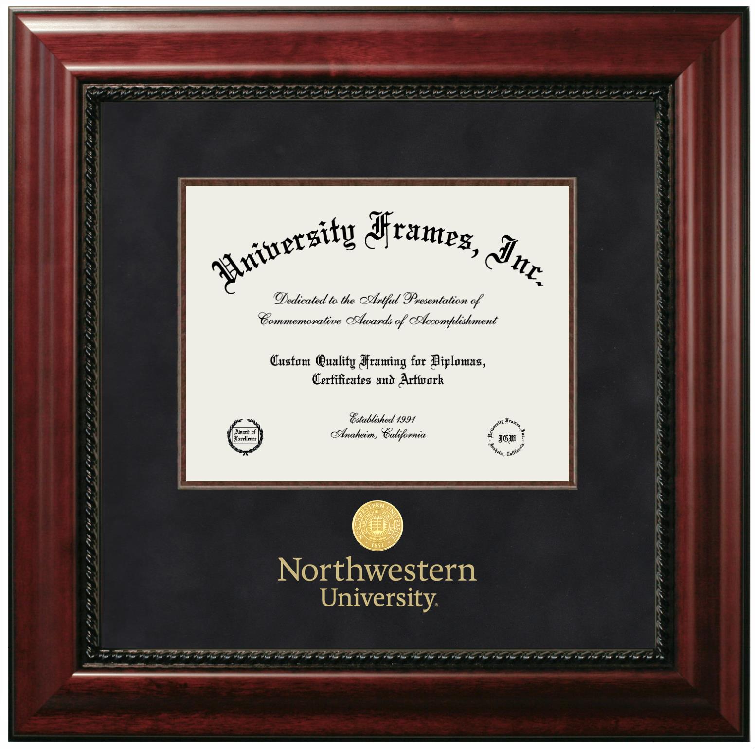 Northwestern University Diploma With Wordmark & Seal Below Frame In Executive With Mahogany Fillet With Black Suede Mat