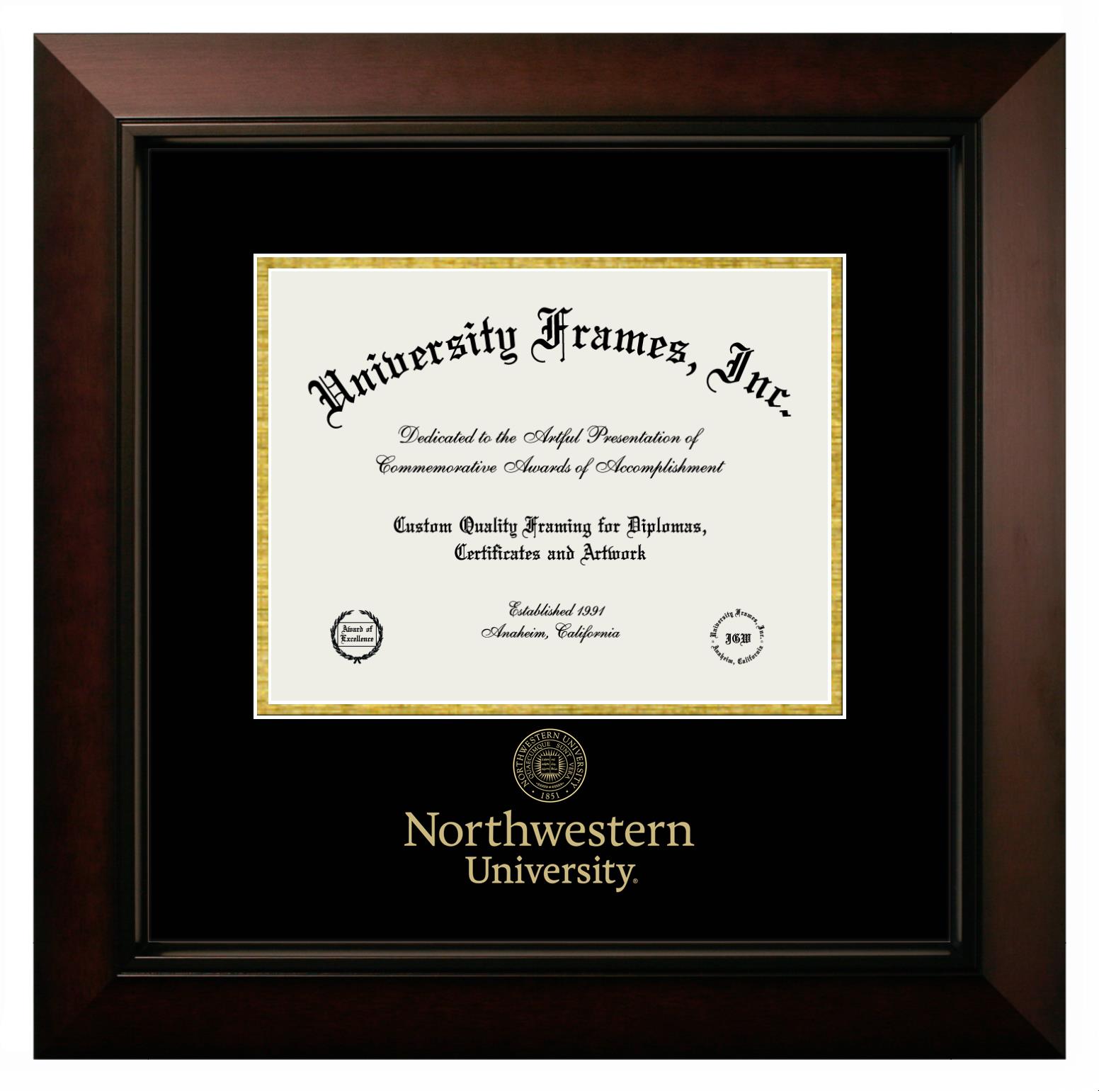 Northwestern University Diploma With Wordmark & Seal Below Frame In Legacy Black Cherry With Black & Gold Mats