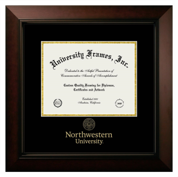 Northwestern University Diploma with Wordmark & Seal Below Frame in Legacy Black Cherry with Black & Gold Mats for DOCUMENT: 8 1/2"H X 11"W  