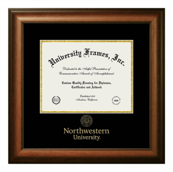 Diploma with Wordmark & Seal Below Frame in Satin Walnut with Black & Gold Mats for DOCUMENT: 8 1/2"H X 11"W  