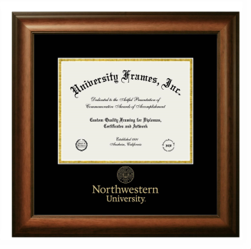 Northwestern University Diploma with Wordmark & Seal Below Frame in Satin Walnut with Black & Gold Mats for DOCUMENT: 8 1/2"H X 11"W  