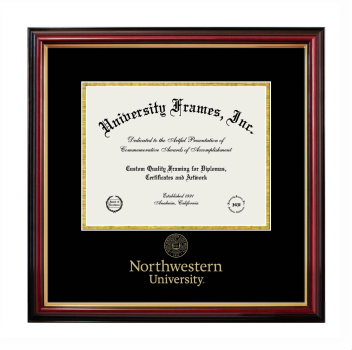 Diploma with Wordmark & Seal Below Frame in Petite Mahogany with Gold Trim with Black & Gold Mats for DOCUMENT: 8 1/2"H X 11"W  
