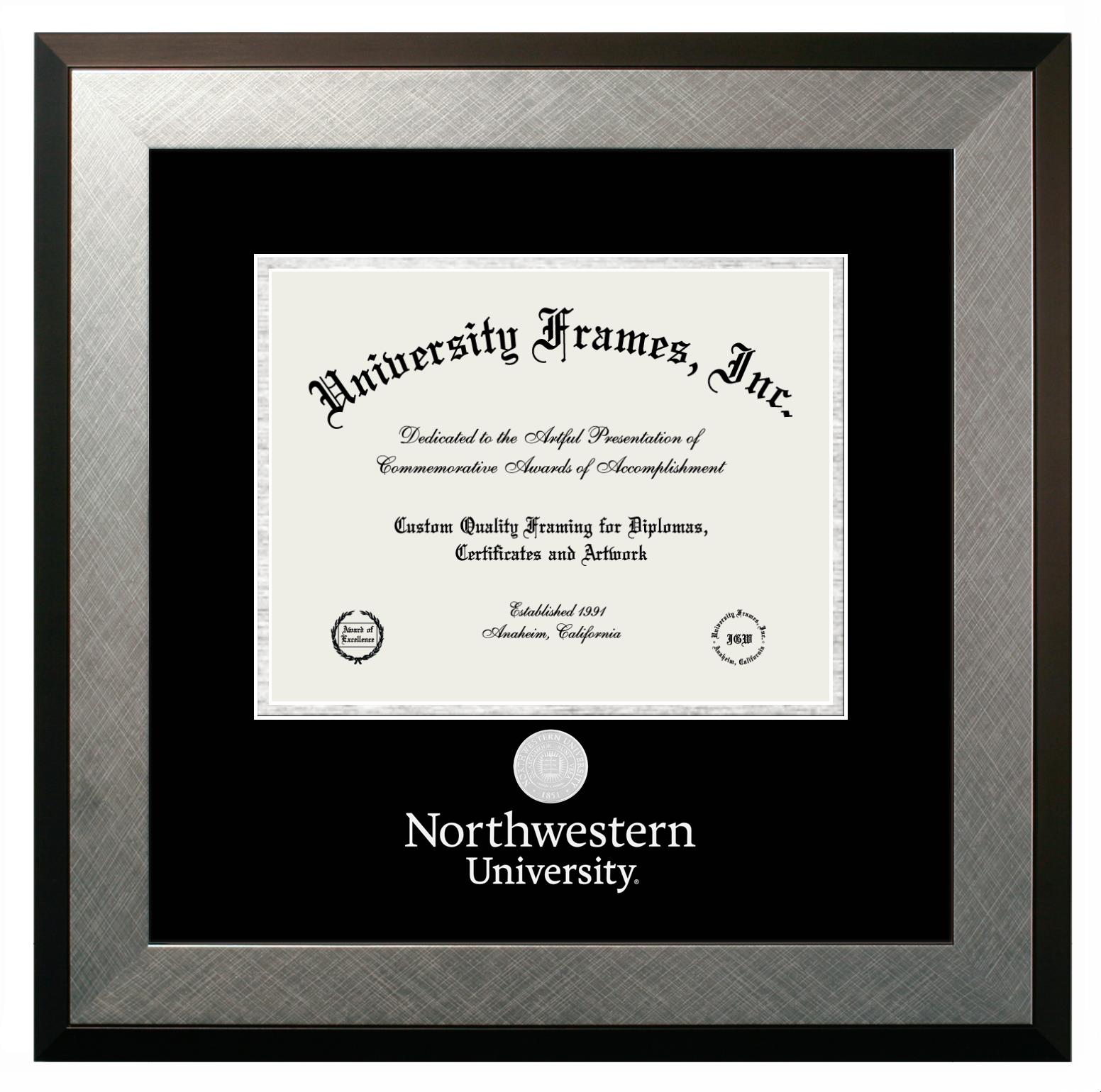 Northwestern University Diploma With Wordmark & Seal Below Frame In Honors Silver With Black & Silver Mats