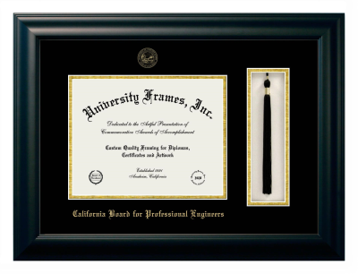 California Board for Professional Engineers Diploma with Tassel Box Frame in Satin Black with Black & Gold Mats for document: 8 1/2"h x 11"w  