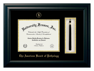 The American Board of Pathology Diploma with Tassel Box Frame in Satin Black with Black & Gold Mats for document: 8 1/2"h x 11"w  