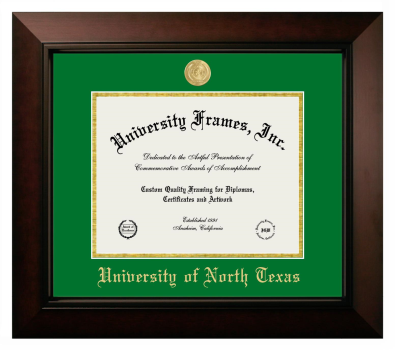 University of North Texas Diploma Frame in Legacy Black Cherry with Kelly Green & Gold Mats for DOCUMENT: 8 1/2"H X 11"W  