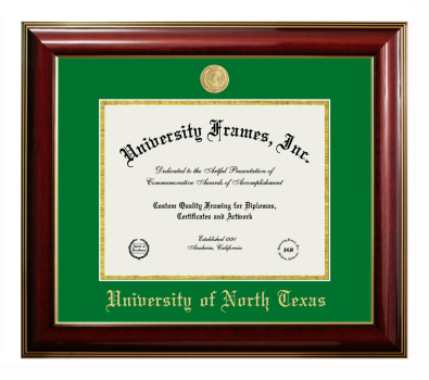 Diploma Frame in Classic Mahogany with Gold Trim with Kelly Green & Gold Mats for DOCUMENT: 8 1/2"H X 11"W  