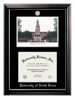 University of North Texas Double Opening with Campus Image (Stacked) Frame in Classic Ebony with Silver Trim with Black & Silver Mats for DOCUMENT: 8 1/2"H X 11"W  