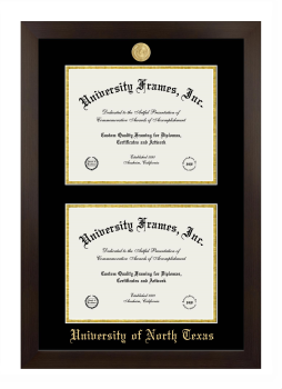 University of North Texas Double Degree (Stacked) Frame in Manhattan Espresso with Black & Gold Mats for DOCUMENT: 8 1/2"H X 11"W  , DOCUMENT: 8 1/2"H X 11"W  