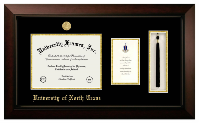 University of North Texas Diploma with Announcement & Tassel Box Frame in Legacy Black Cherry with Black & Gold Mats for DOCUMENT: 8 1/2"H X 11"W  ,  7"H X 4"W  
