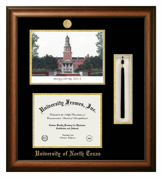 University of North Texas Double Opening with Campus Image & Tassel Box (Stacked) Frame in Satin Walnut with Black & Gold Mats for DOCUMENT: 8 1/2"H X 11"W  