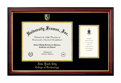 New York City College of Technology (CUNY) Diploma with Announcement Frame in Petite Mahogany with Gold Trim with Black & Gold Mats for document: 8 1/2"h x 11"w  , diploma: 7"h x 4"w  