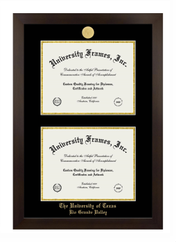 University of Texas Rio Grande Valley Double Degree (Stacked) Frame in Manhattan Espresso with Black & Gold Mats for document: 8 1/2"h x 11"w  , document: 8 1/2"h x 11"w  