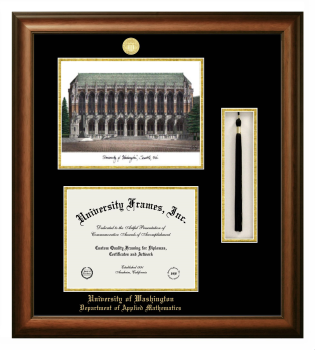 University of Washington Department of Applied Mathematics Double Opening with Campus Image & Tassel Box (Stacked) Frame in Satin Walnut with Black & Gold Mats for document: 8 1/2"h x 11"w  