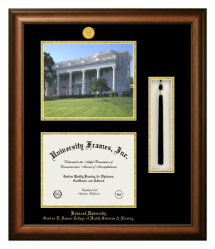 Belmont University Gordon E. Inman College of Health Sciences & Nursing Double Opening with Campus Image & Tassel Box (Stacked) Frame in Satin Walnut with Black & Gold Mats for document: 8 1/2"h x 11"w  