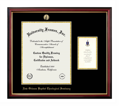 Diploma with Announcement Frame in Petite Mahogany with Gold Trim with Black & Gold Mats for DOCUMENT: 14"H X 11"W  ,  7"H X 4"W  